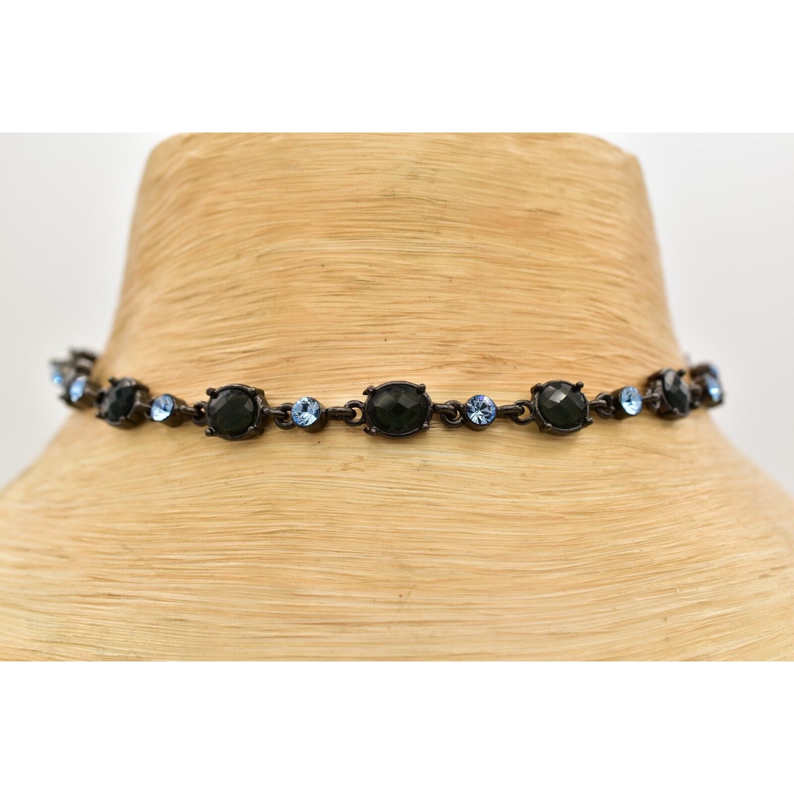 2028 Vintage Choker Necklace Black Sky Blue Crystal Gunmetal Signed Y2k Bini